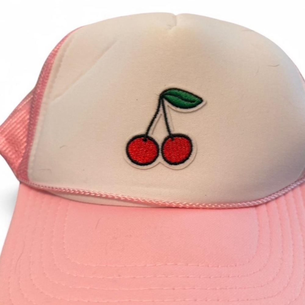 Pink Trucker Hat with Cherry Embroidery